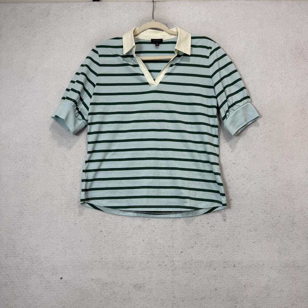 Talbots Polo Shirt Womens Medium Green Stripe Pima Cotton Puff Sleeve Collared